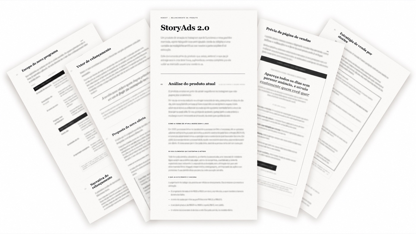 Documento de relançamento real gerado pela skill reboot: o StoryAds 2.0, com os 8 blocos preenchidos